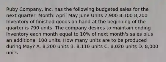 Ruby​ Company, Inc. has the following budgeted sales for the next​ quarter: ​Month: April May June Units 7,900 8,100 8,200 Inventory of finished goods on hand at the beginning of the quarter is 790 units. The company desires to maintain ending inventory each month equal to 10​% of next​ month's sales plus an additional 100 units. How many units are to be produced during​ May? A. 8,200 units B. 8,110 units C. 8,020 units D. 8,000 units