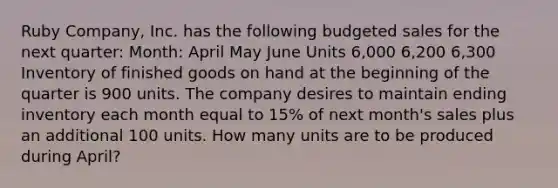 Ruby​ Company, Inc. has the following budgeted sales for the next​ quarter: ​Month: April May June Units 6,000 6,200 6,300 Inventory of finished goods on hand at the beginning of the quarter is 900 units. The company desires to maintain ending inventory each month equal to 15​% of next​ month's sales plus an additional 100 units. How many units are to be produced during​ April?