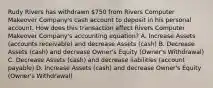 Rudy Rivers has withdrawn 750 from Rivers Computer Makeover Company's cash account to deposit in his personal account. How does this transaction affect Rivers Computer Makeover Company's accounting equation? A. Increase Assets (accounts receivable) and decrease Assets (cash) B. Decrease Assets (cash) and decrease Owner's Equity (Owner's Withdrawal) C. Decrease Assets (cash) and decrease liabilities (account payable) D. Increase Assets (cash) and decrease Owner's Equity (Owner's Withdrawal)