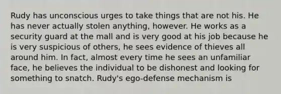 Rudy has unconscious urges to take things that are not his. He has never actually stolen anything, however. He works as a security guard at the mall and is very good at his job because he is very suspicious of others, he sees evidence of thieves all around him. In fact, almost every time he sees an unfamiliar face, he believes the individual to be dishonest and looking for something to snatch. Rudy's ego-defense mechanism is