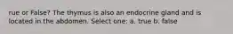 rue or False? The thymus is also an endocrine gland and is located in the abdomen. Select one: a. true b. false