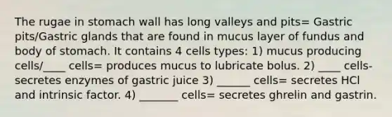 The rugae in stomach wall has long valleys and pits= Gastric pits/Gastric glands that are found in mucus layer of fundus and body of stomach. It contains 4 cells types: 1) mucus producing cells/____ cells= produces mucus to lubricate bolus. 2) ____ cells- secretes enzymes of gastric juice 3) ______ cells= secretes HCl and intrinsic factor. 4) _______ cells= secretes ghrelin and gastrin.