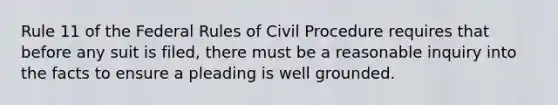 Rule 11 of the Federal Rules of Civil Procedure requires that before any suit is filed, there must be a reasonable inquiry into the facts to ensure a pleading is well grounded.