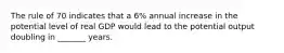 The rule of 70 indicates that a 6% annual increase in the potential level of real GDP would lead to the potential output doubling in _______ years.