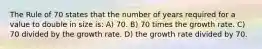 The Rule of 70 states that the number of years required for a value to double in size is: A) 70. B) 70 times the growth rate. C) 70 divided by the growth rate. D) the growth rate divided by 70.