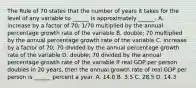 The Rule of 70 states that the number of years it takes for the level of any variable to​ ______ is approximately​ ______. A. increase by a factor of​ 70; 1/70 multiplied by the annual percentage growth rate of the variable B. ​double; 70 multiplied by the annual percentage growth rate of the variable C. increase by a factor of​ 70; 70 divided by the annual percentage growth rate of the variable D. ​double; 70 divided by the annual percentage growth rate of the variable If real GDP per person doubles in 20​ years, then the annual growth rate of real GDP per person is​ ______ percent a year. A. 14.0 B. 3.5 C. 28.5 D. 14.3