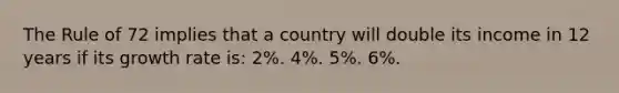 The Rule of 72 implies that a country will double its income in 12 years if its growth rate is: 2%. 4%. 5%. 6%.