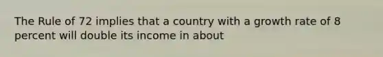 The Rule of 72 implies that a country with a growth rate of 8 percent will double its income in about