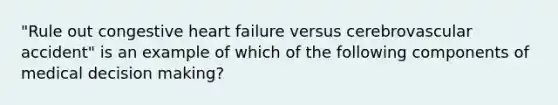 "Rule out congestive heart failure versus cerebrovascular accident" is an example of which of the following components of medical decision making?