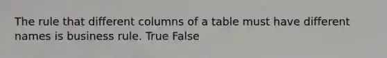 The rule that different columns of a table must have different names is business rule. True False