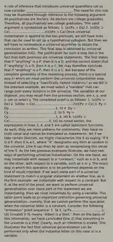 A rule of inference that introduces universal quantifiers Let us now consider _____________ _______________. The need for this rule may be illustrated through reference to the following argument: All psychiatrists are doctors. All doctors are college graduates. Therefore, all psychiatrists are college graduates. This valid argument is symbolized as follows: 1. (x)(Px ⊃ Dx) 2. (x)(Dx ⊃ Cx).................................../(x)(Px ⊃ Cx) Once universal instantiation is applied to the two premises, we will have lines that can be used to set up a hypothetical syllogism. But then we will have to reintroduce a universal quantifier to obtain the conclusion as written. This final step is obtained by universal generalization (UG). The justification for such a step lies in the fact that both premises are universal statements. The first states that if "anything" is a P, then it is a D, and the second states that if "anything" is a D, then it is a C. We may therefore conclude that if "anything" is a P, then it is a C. But because of the complete generality of this reasoning process, there is a special way in which we must perform the universal instantiation step. Instead of selecting a "specifically named instance," as we did in the previous example, we must select a "variable" that can range over every instance in the universe. The variables at our disposal, you may recall from the previous section, are x, y, and z. Let us select y. The completed proof is as follows: 1. (x)(Px ⊃ Dx) 2. (x)(Dx ⊃ Cx)....................................../(x)(Px ⊃ Cx) 3. Py ⊃ Dy...............................................1, IU 4. Dy ⊃ Cy..............................................2, IU 5. Py ⊃ Cy...............................................3, 4, HS 6. (x)(Px ⊃ Cx).......................................5, UG As noted earlier, the expressions in lines 3, 4, and 5 are called statement functions. As such, they are mere patterns for statements; they have no truth value and cannot be translated as statements. Yet if we take certain liberties, we might characterize line 5 as saying ''If it is a P, then it is a C, where ''it'' designates any item at random in the universe. Line 6 can then be seen as reexpressing this sense of line 5. As the two previous examples illustrate, we have two ways of performing universal instantiation. On the one hand, we may instantiate with respect to a "constant," such as a or b, and on the other, with respect to a variable, such as x or y. The exact way in which this operation is to be performed depends on the kind of result intended. If we want some part of a universal statement to match a singular statement on another line, as in the first example, we instantiate with respect to a constant. But if, at the end of the proof, we want to perform universal generalization over some part of the statement we are instantiating, then we must instantiate by using a variable. This latter point leads to an important restriction governing universal generalization—namely, that we cannot perform this operation when the instantial letter is a constant. Consider the following "erroneous" proof sequence: 1. Ta 2. (x)Tx..............................1, UG (invalid) If Ta means ''Albert is a thief,'' then on the basis of this information, we have concluded (line 2) that everything in the universe is a thief. Clearly, such an inference is invalid. This illustrates the fact that universal generalization can be performed only when the instantial letter (in this case a) is a variable.