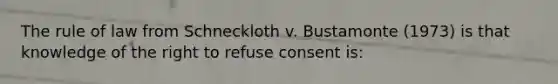 The rule of law from Schneckloth v. Bustamonte (1973) is that knowledge of the right to refuse consent is: