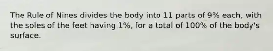 The Rule of Nines divides the body into 11 parts of 9% each, with the soles of the feet having 1%, for a total of 100% of the body's surface.