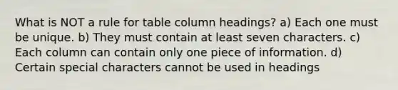 What is NOT a rule for table column headings? a) Each one must be unique. b) They must contain at least seven characters. c) Each column can contain only one piece of information. d) Certain special characters cannot be used in headings