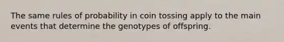 The same rules of probability in coin tossing apply to the main events that determine the genotypes of offspring.