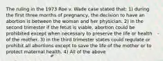 The ruling in the 1973 Roe v. Wade case stated that: 1) during the first three months of pregnancy, the decision to have an abortion is between the woman and her physician. 2) in the second trimester if the fetus is viable, abortion could be prohibited except when necessary to preserve the life or health of the mother. 3) in the third trimester states could regulate or prohibit all abortions except to save the life of the mother or to protect maternal health. 4) All of the above