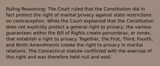 Ruling Reasoning: The Court ruled that the Constitution did in fact protect the right of marital privacy against state restrictions on contraception. While the Court explained that the Constitution does not explicitly protect a general right to privacy, the various guarantees within the Bill of Rights create penumbras, or zones, that establish a right to privacy. Together, the First, Third, Fourth, and Ninth Amendments create the right to privacy in marital relations. The Connecticut statute conflicted with the exercise of this right and was therefore held null and void.