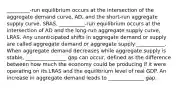 _________-run equilibrium occurs at the intersection of the aggregate demand​ curve, ​AD, and the​ short-run aggregate supply​ curve, SRAS. __________​-run equilibrium occurs at the intersection of AD and the​ long-run aggregate supply​ curve, LRAS. Any unanticipated shifts in aggregate demand or supply are called aggregate demand or aggregate supply ___________. When aggregate demand decreases while aggregate supply is​ stable, ________________ gap can​ occur, defined as the difference between how much the economy could be producing if it were operating on its LRAS and the equilibrium level of real GDP. An increase in aggregate demand leads to ______________ gap.