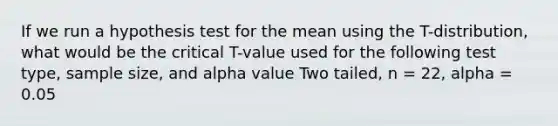 If we run a hypothesis test for the mean using the T-distribution, what would be the critical T-value used for the following test type, sample size, and alpha value Two tailed, n = 22, alpha = 0.05