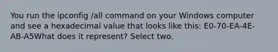 You run the ipconfig /all command on your Windows computer and see a hexadecimal value that looks like this: E0-70-EA-4E-AB-A5What does it represent? Select two.