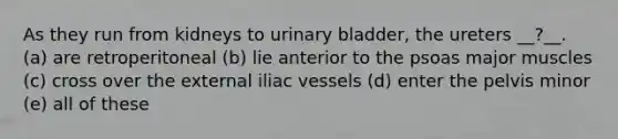 As they run from kidneys to <a href='https://www.questionai.com/knowledge/kb9SdfFdD9-urinary-bladder' class='anchor-knowledge'>urinary bladder</a>, the ureters __?__. (a) are retroperitoneal (b) lie anterior to the psoas major muscles (c) cross over the external iliac vessels (d) enter the pelvis minor (e) all of these