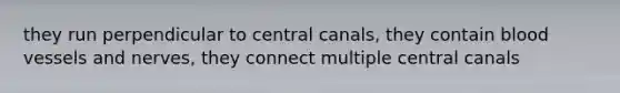 they run perpendicular to central canals, they contain blood vessels and nerves, they connect multiple central canals