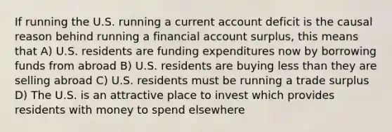 If running the U.S. running a current account deficit is the causal reason behind running a financial account surplus, this means that A) U.S. residents are funding expenditures now by borrowing funds from abroad B) U.S. residents are buying <a href='https://www.questionai.com/knowledge/k7BtlYpAMX-less-than' class='anchor-knowledge'>less than</a> they are selling abroad C) U.S. residents must be running a trade surplus D) The U.S. is an attractive place to invest which provides residents with money to spend elsewhere