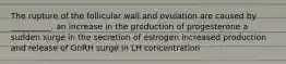 The rupture of the follicular wall and ovulation are caused by __________. an increase in the production of progesterone a sudden surge in the secretion of estrogen increased production and release of GnRH surge in LH concentration