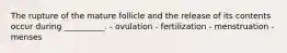 The rupture of the mature follicle and the release of its contents occur during __________. - ovulation - fertilization - menstruation - menses