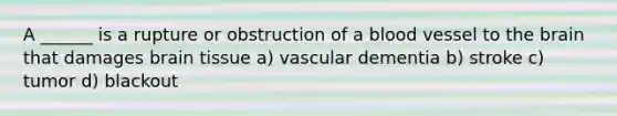 A ______ is a rupture or obstruction of a blood vessel to the brain that damages brain tissue a) vascular dementia b) stroke c) tumor d) blackout