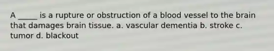 A _____ is a rupture or obstruction of a blood vessel to the brain that damages brain tissue. a. vascular dementia b. stroke c. tumor d. blackout