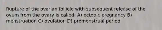 Rupture of the ovarian follicle with subsequent release of the ovum from the ovary is called: A) ectopic pregnancy B) menstruation C) ovulation D) premenstrual period