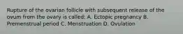 Rupture of the ovarian follicle with subsequent release of the ovum from the ovary is called: A. Ectopic pregnancy B. Premenstrual period C. Menstruation D. Ovulation