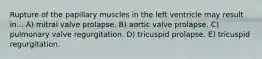 Rupture of the papillary muscles in the left ventricle may result in... A) mitral valve prolapse. B) aortic valve prolapse. C) pulmonary valve regurgitation. D) tricuspid prolapse. E) tricuspid regurgitation.