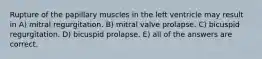 Rupture of the papillary muscles in the left ventricle may result in A) mitral regurgitation. B) mitral valve prolapse. C) bicuspid regurgitation. D) bicuspid prolapse. E) all of the answers are correct.