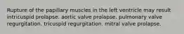 Rupture of the papillary muscles in the left ventricle may result intricuspid prolapse. aortic valve prolapse. pulmonary valve regurgitation. tricuspid regurgitation. mitral valve prolapse.