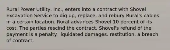 Rural Power Utility, Inc., enters into a contract with Shovel Excavation Service to dig up, replace, and rebury Rural's cables in a certain location. Rural advances Shovel 10 percent of its cost. The parties rescind the contract. Shovel's refund of the payment is ​a penalty. ​liquidated damages. ​restitution. ​a breach of contract.