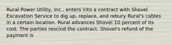 Rural Power Utility, Inc., enters into a contract with Shovel Excavation Service to dig up, replace, and rebury Rural's cables in a certain location. Rural advances Shovel 10 percent of its cost. The parties rescind the contract. Shovel's refund of the payment is