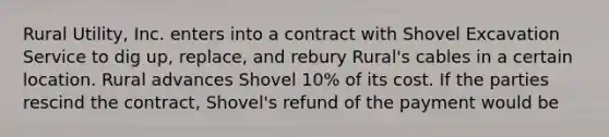 Rural Utility, Inc. enters into a contract with Shovel Excavation Service to dig up, replace, and rebury Rural's cables in a certain location. Rural advances Shovel 10% of its cost. If the parties rescind the contract, Shovel's refund of the payment would be