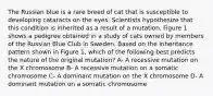 The Russian blue is a rare breed of cat that is susceptible to developing cataracts on the eyes. Scientists hypothesize that this condition is inherited as a result of a mutation. Figure 1 shows a pedigree obtained in a study of cats owned by members of the Russian Blue Club in Sweden. Based on the inheritance pattern shown in Figure 1, which of the following best predicts the nature of the original mutation? A- A recessive mutation on the X chromosome B- A recessive mutation on a somatic chromosome C- A dominant mutation on the X chromosome D- A dominant mutation on a somatic chromosome