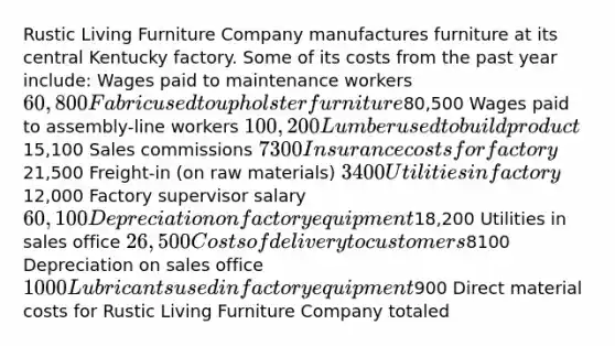 Rustic Living Furniture Company manufactures furniture at its central Kentucky factory. Some of its costs from the past year include: Wages paid to maintenance workers 60,800 Fabric used to upholster furniture80,500 Wages paid to assembly-line workers 100,200 Lumber used to build product15,100 Sales commissions 7300 Insurance costs for factory21,500 Freight-in (on raw materials) 3400 Utilities in factory12,000 Factory supervisor salary 60,100 Depreciation on factory equipment18,200 Utilities in sales office 26,500 Costs of delivery to customers8100 Depreciation on sales office 1000 Lubricants used in factory equipment900 Direct material costs for Rustic Living Furniture Company totaled