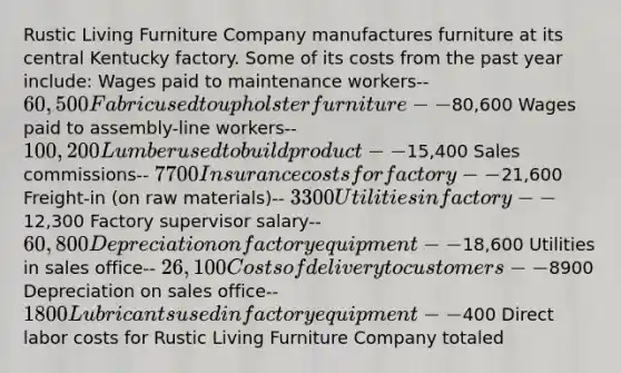 Rustic Living Furniture Company manufactures furniture at its central Kentucky factory. Some of its costs from the past year include: Wages paid to maintenance workers-- 60,500 Fabric used to upholster furniture--80,600 Wages paid to assembly-line workers-- 100,200 Lumber used to build product--15,400 Sales commissions-- 7700 Insurance costs for factory--21,600 Freight-in (on raw materials)-- 3300 Utilities in factory--12,300 Factory supervisor salary-- 60,800 Depreciation on factory equipment--18,600 Utilities in sales office-- 26,100 Costs of delivery to customers--8900 Depreciation on sales office-- 1800 Lubricants used in factory equipment--400 Direct labor costs for Rustic Living Furniture Company totaled