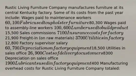 Rustic Living Furniture Company manufactures furniture at its central Kentucky factory. Some of its costs from the past year include: Wages paid to maintenance workers 60,100 Fabric used to upholster furniture80,300 Wages paid to assembly-line workers 100,600 Lumber used to build product15,500 Sales commissions 7100 Insurance costs for factory21,900 Freight-in (on raw materials) 3700 Utilities in factory12,800 Factory supervisor salary 60,700 Depreciation on factory equipment18,500 Utilities in sales office 26,900 Costs of delivery to customers8300 Depreciation on sales office 1900 Lubricants used in factory equipment400 Manufacturing overhead costs for Rustic Living Furniture Company totaled: