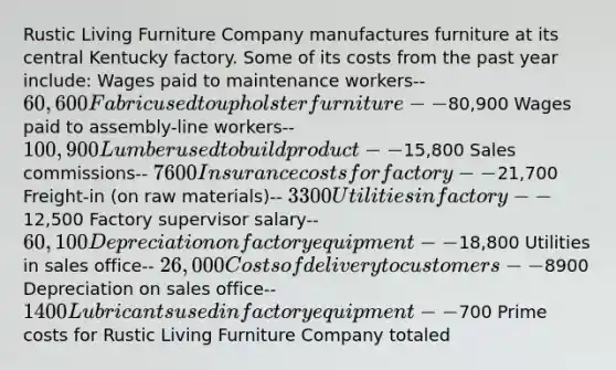 Rustic Living Furniture Company manufactures furniture at its central Kentucky factory. Some of its costs from the past year include: Wages paid to maintenance workers-- 60,600 Fabric used to upholster furniture--80,900 Wages paid to assembly-line workers-- 100,900 Lumber used to build product--15,800 Sales commissions-- 7600 Insurance costs for factory--21,700 Freight-in (on raw materials)-- 3300 Utilities in factory--12,500 Factory supervisor salary-- 60,100 Depreciation on factory equipment--18,800 Utilities in sales office-- 26,000 Costs of delivery to customers--8900 Depreciation on sales office-- 1400 Lubricants used in factory equipment--700 Prime costs for Rustic Living Furniture Company totaled