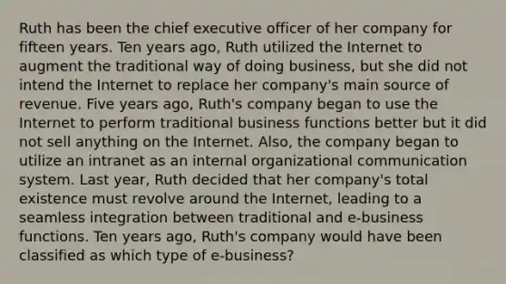 Ruth has been the chief executive officer of her company for fifteen years. Ten years ago, Ruth utilized the Internet to augment the traditional way of doing business, but she did not intend the Internet to replace her company's main source of revenue. Five years ago, Ruth's company began to use the Internet to perform traditional business functions better but it did not sell anything on the Internet. Also, the company began to utilize an intranet as an internal organizational communication system. Last year, Ruth decided that her company's total existence must revolve around the Internet, leading to a seamless integration between traditional and e-business functions. Ten years ago, Ruth's company would have been classified as which type of e-business?