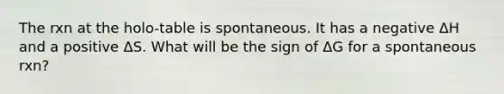 The rxn at the holo-table is spontaneous. It has a negative ΔH and a positive ΔS. What will be the sign of ΔG for a spontaneous rxn?