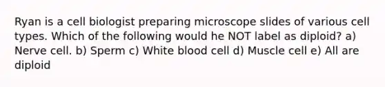 Ryan is a cell biologist preparing microscope slides of various cell types. Which of the following would he NOT label as diploid? a) Nerve cell. b) Sperm c) White blood cell d) Muscle cell e) All are diploid