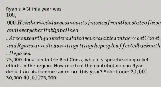 Ryan's AGI this year was 100,000. He inherited a large amount of money from the estate of his grandfather, and is very charitably inclined. A recent earthquake devastated several cities on the West Coast, and Ryan wanted to assist in getting the people affected back on their feet. He gave a75,000 donation to the Red Cross, which is spearheading relief efforts in the region. How much of the contribution can Ryan deduct on his income tax return this year? Select one: 20,00030,000 60,00075,000