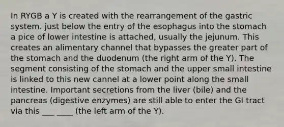 In RYGB a Y is created with the rearrangement of the gastric system. just below the entry of the esophagus into the stomach a pice of lower intestine is attached, usually the jejunum. This creates an alimentary channel that bypasses the greater part of the stomach and the duodenum (the right arm of the Y). The segment consisting of the stomach and the upper small intestine is linked to this new cannel at a lower point along the small intestine. Important secretions from the liver (bile) and the pancreas (digestive enzymes) are still able to enter the GI tract via this ___ ____ (the left arm of the Y).