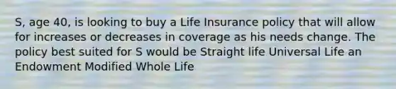 S, age 40, is looking to buy a Life Insurance policy that will allow for increases or decreases in coverage as his needs change. The policy best suited for S would be Straight life Universal Life an Endowment Modified Whole Life